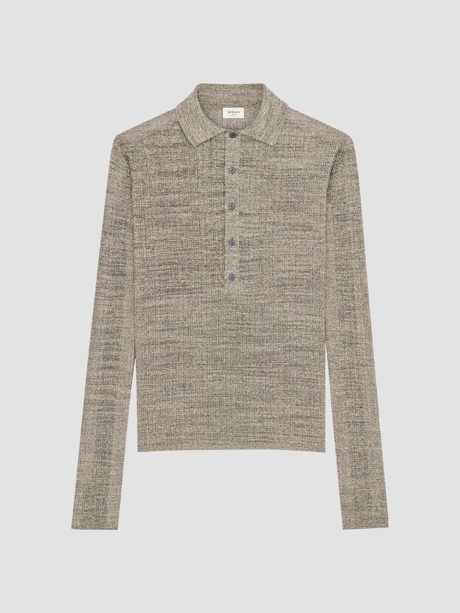 Saint Laurent Men's Polo Shirt in Ribbed Stretch Linen - Grey - Size Small