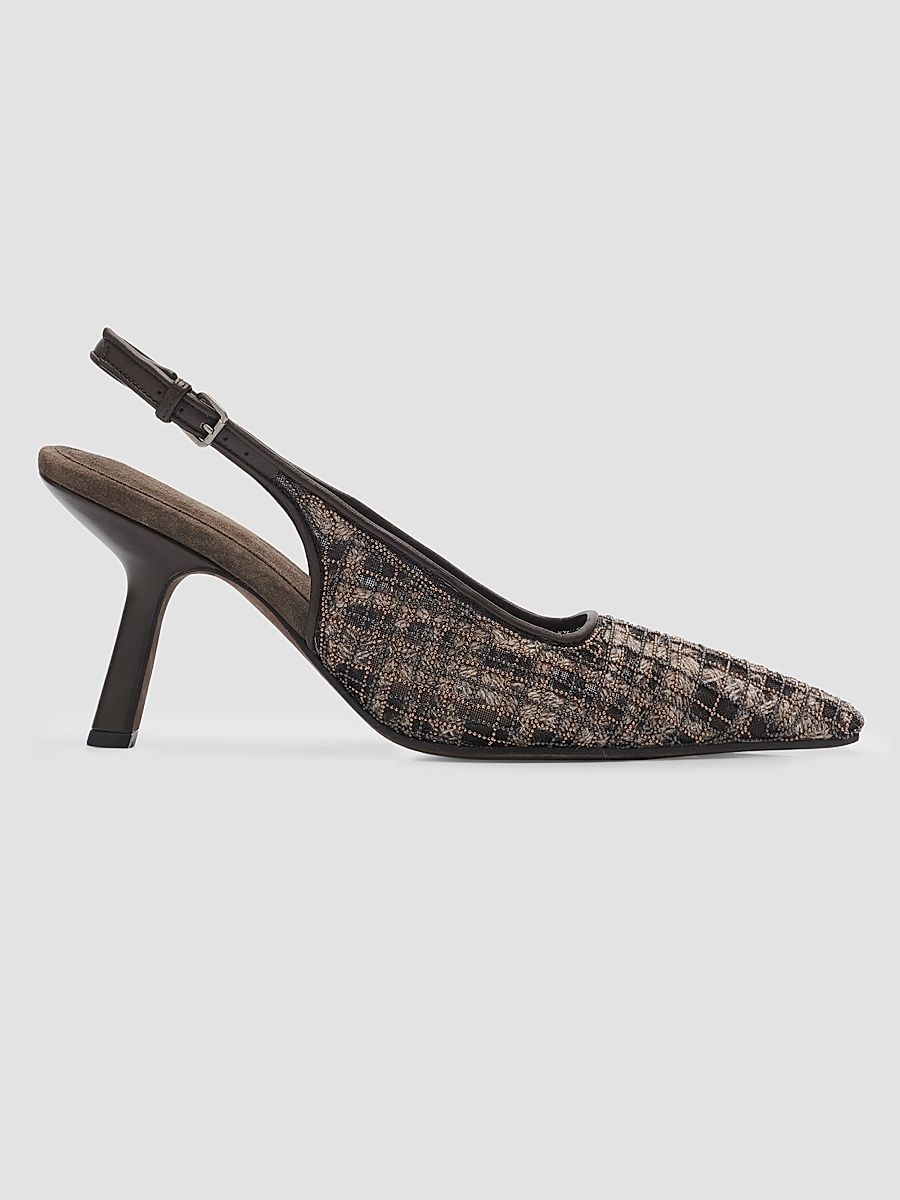 Women's Monili-Embroidered Check Slingback Pumps - Dark Brown Multi - Size 8.5