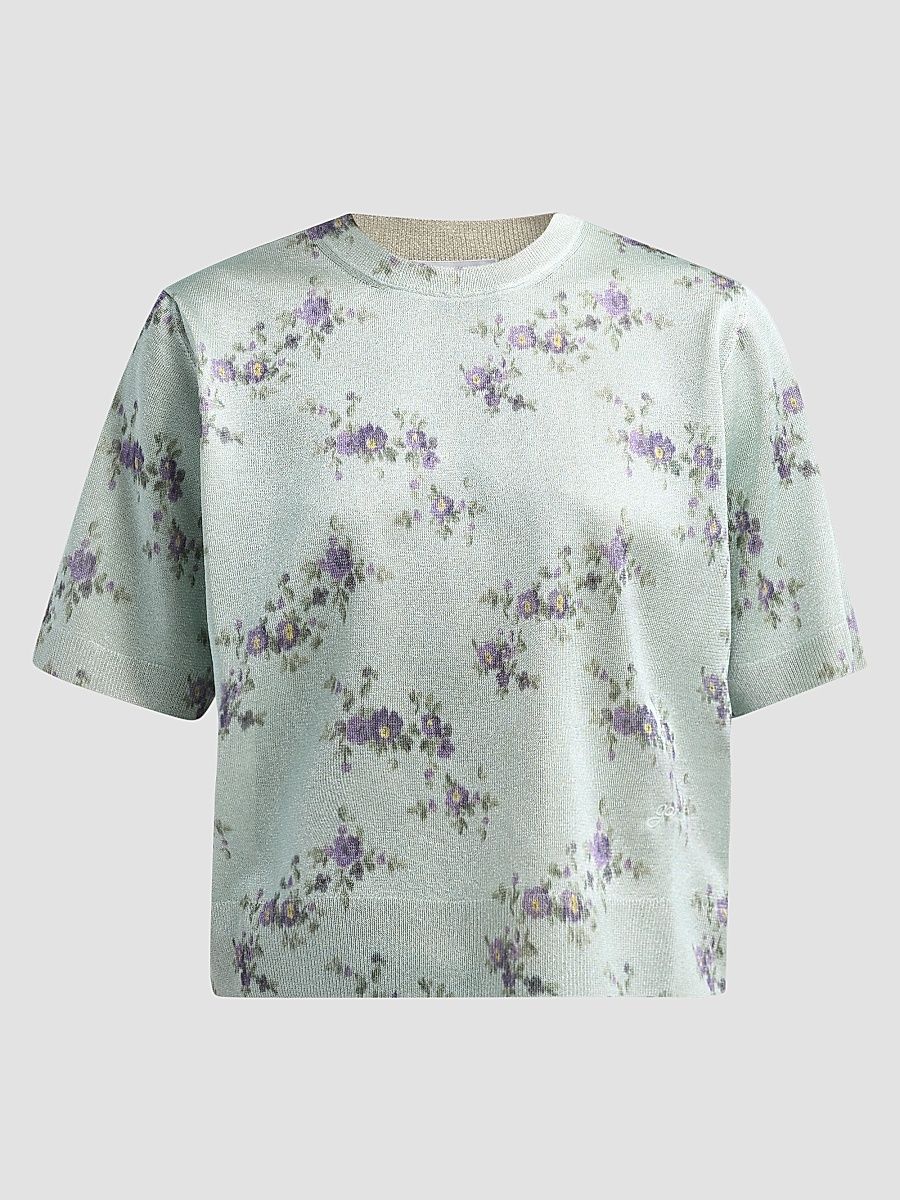 Women's Floral Metallic T-Shirt - Iced Aqua - Size XL