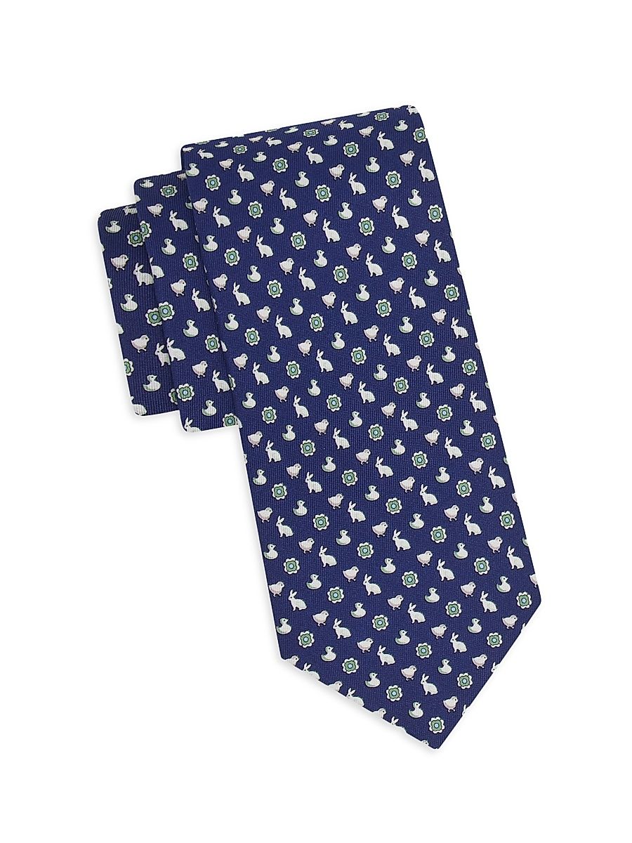 Men's Bunny and Chick Charm-Print Silk Tie - Blue Verde