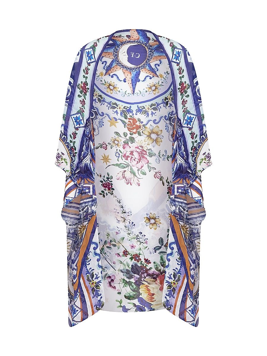 Women's Tiles Darls Floral Silk Shrug - White Blue Multi