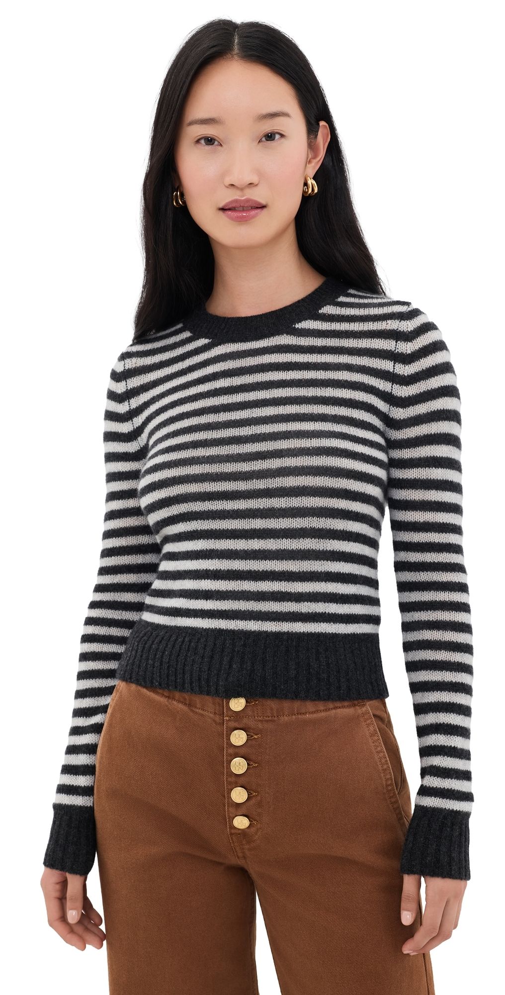 Enza Costa Cashmere Shrunken Crew in Classic Stripe Classic Stripe M