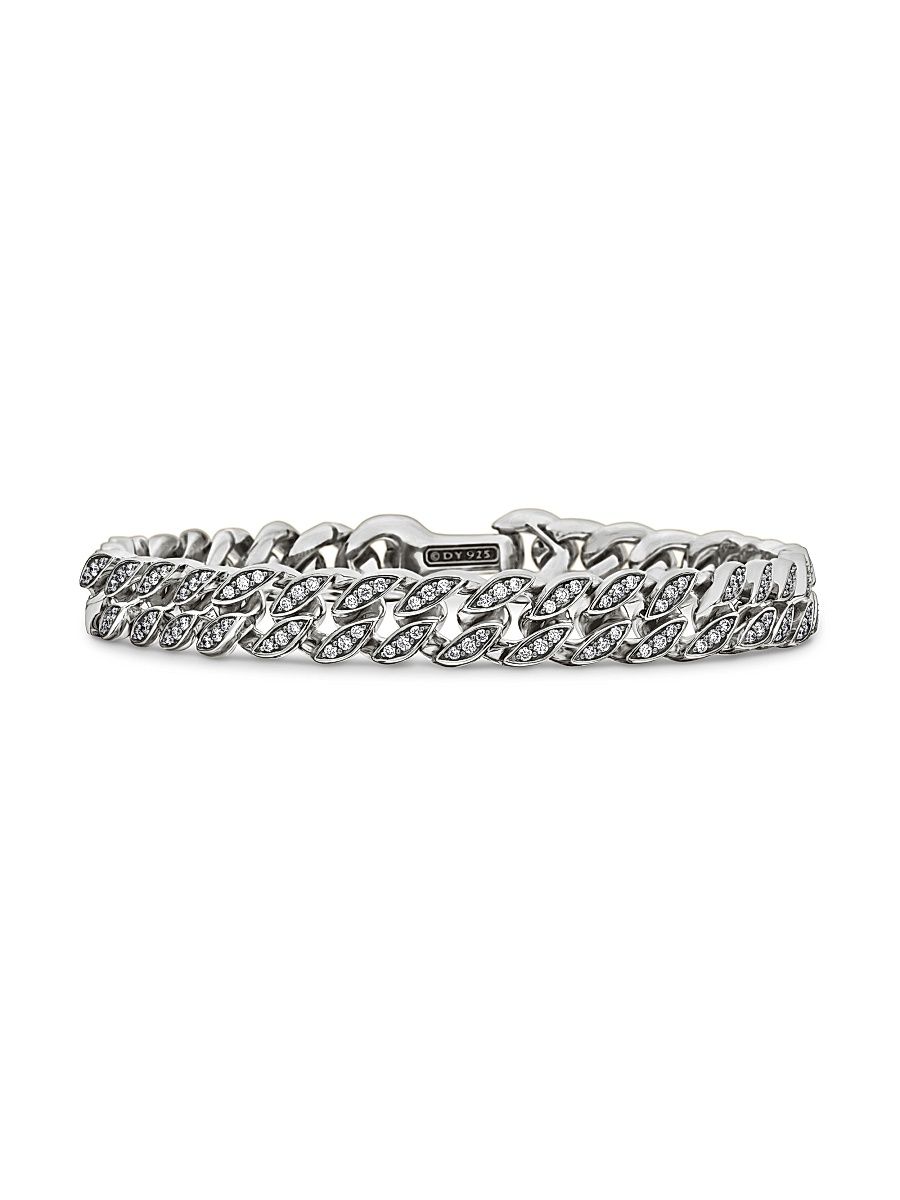 Men's Curb Chain Bracelet in Sterling Silver - Diamond - Size XS