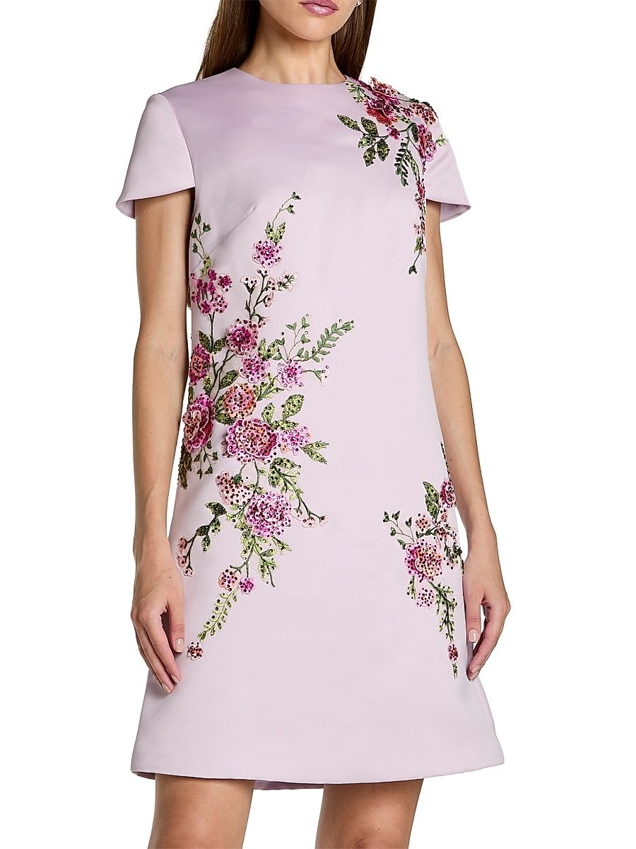 Women's Embroidered Floral Satin A-Line Minidress - Lilac - Size Large