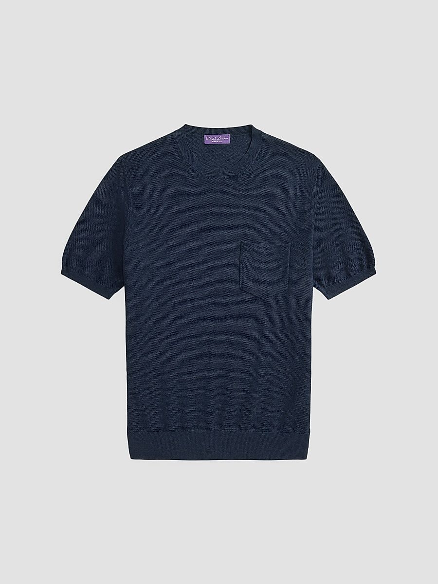 Men's Cotton-Silk Textured Short-Sleeve Sweater - Racing Navy - Size Large