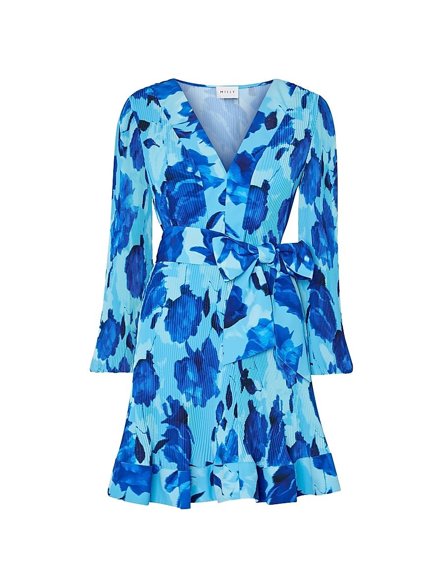 Women's Liv Blurred Blossom Pleated V-Neck Minidress - Blue Multi - Size 12