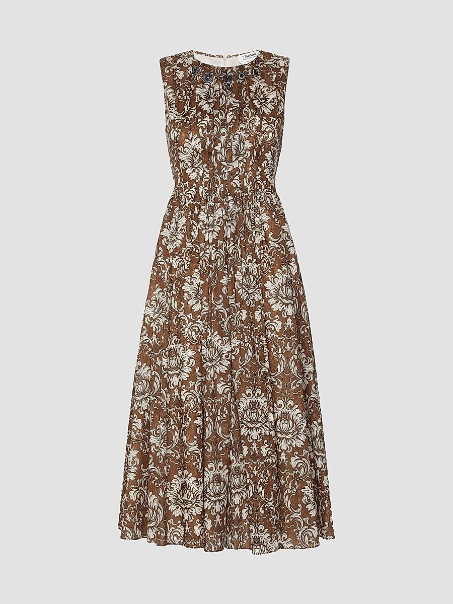 Women's Printed Cotton Voile Midi Dress - Brown Gold - Size 14