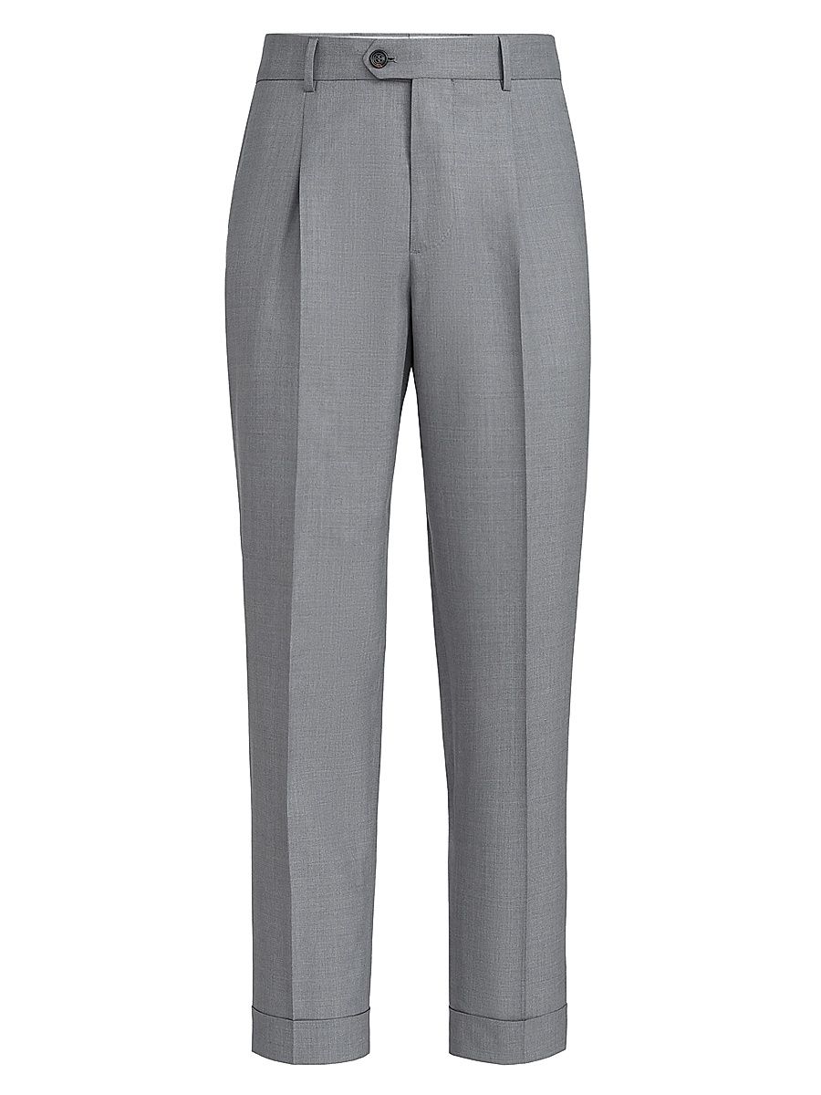 Men's Virgin Wool and Silk Lightweight Hopsack Trousers with Pleats - Grey - Size 48