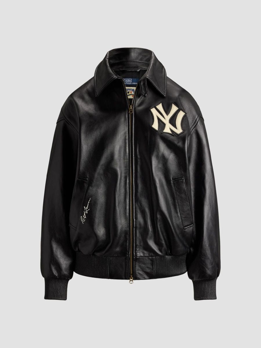 Ralph Lauren Women's Ralph Lauren x New York Yankees Lux Leather Zip-Up Bomber Jacket - Black - Size Small