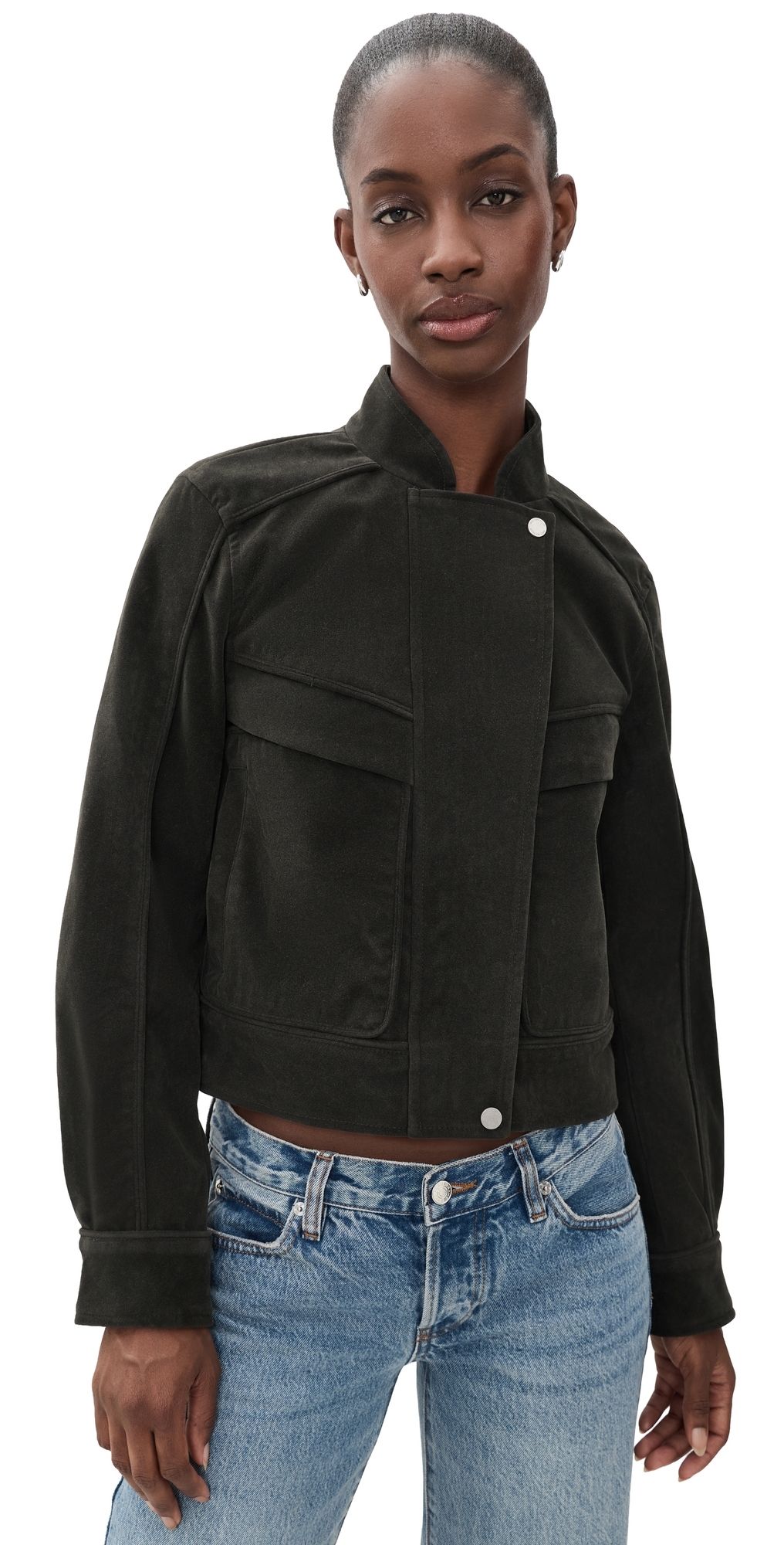 Avec Les Filles Asymmetrical Faux Suede Bomber Jacket Bottle Green XL