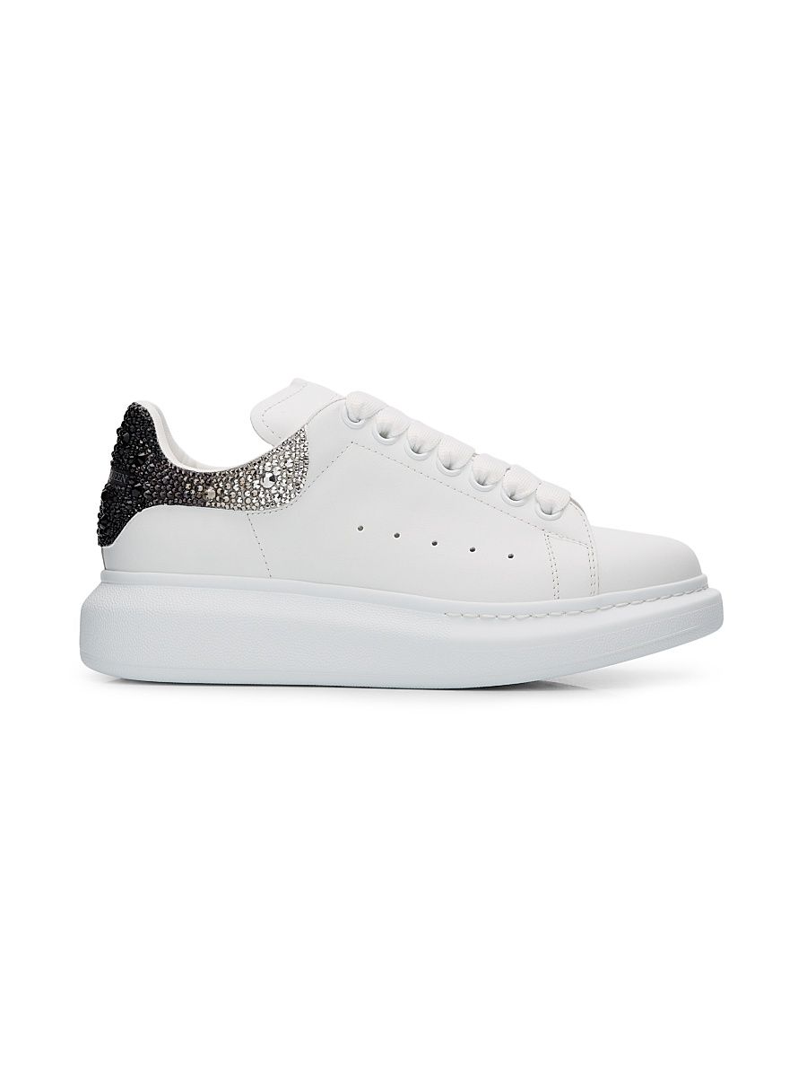 Women's Oversized Embellished Leather Low-Top Sneakers - White Grey Black - Size 6