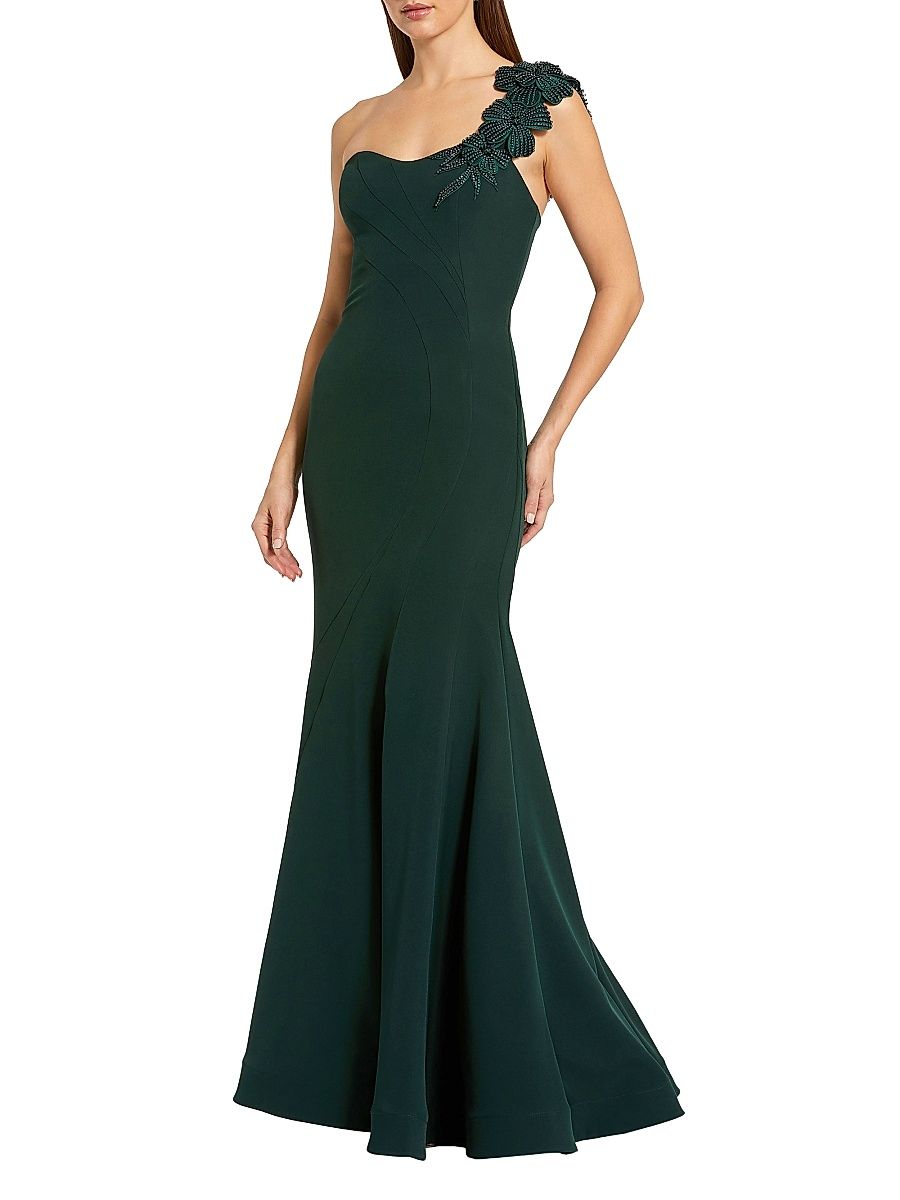 Women's Beaded Crepe One-Shoulder Mermaid Gown - Deep Green - Size 14