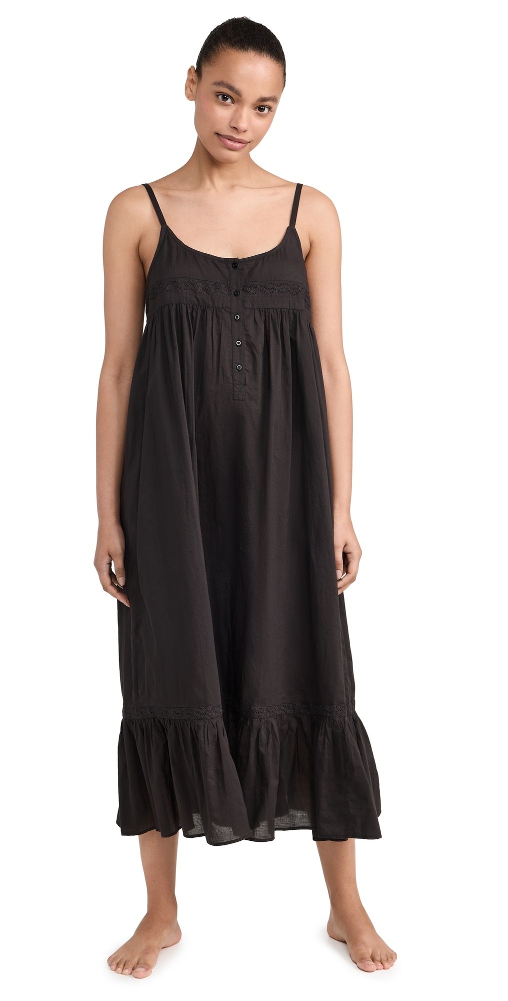 THE GREAT. The Eyelet Ruffle Tank Night Dress Black 0