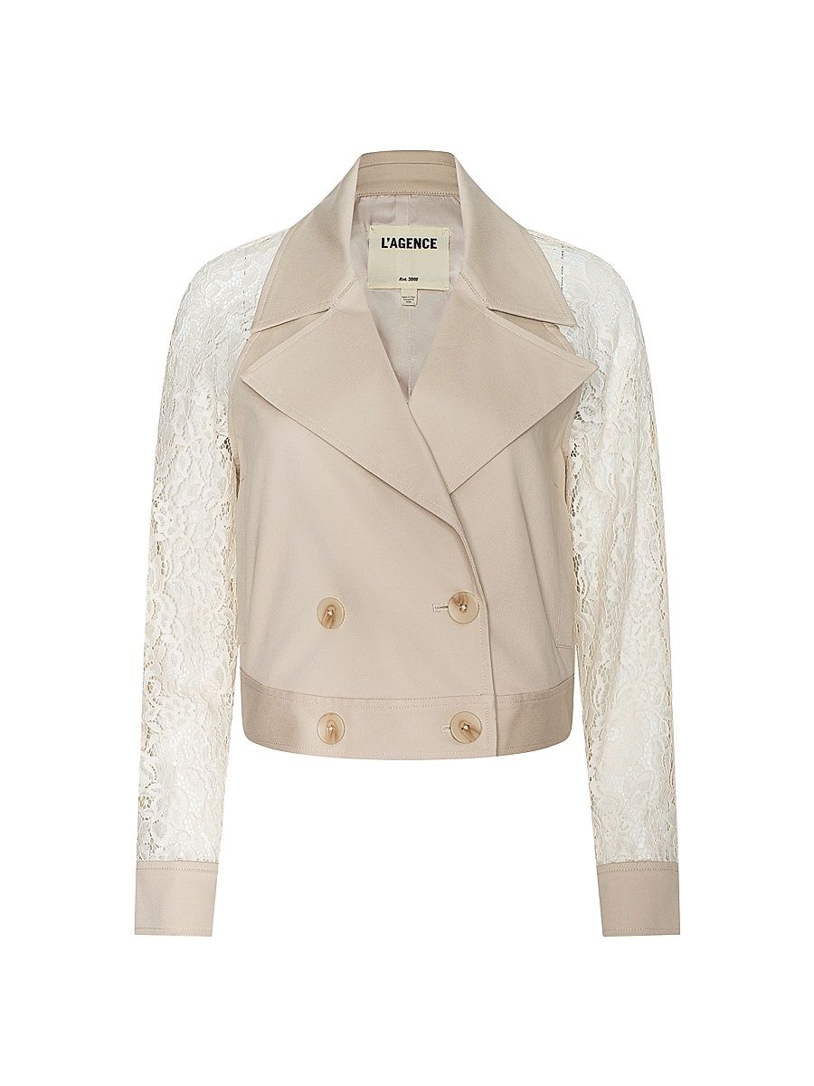 Women's Novelle Lace-Sleeve Double-Breasted Crop Trench Coat - Biscuit Ecru - Size Large