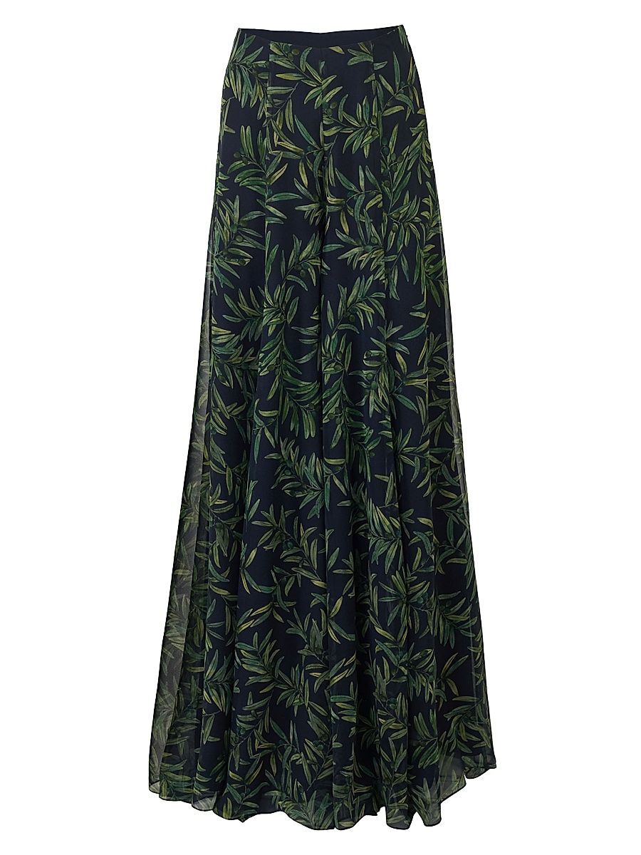 Women's Iris Leaf Print Silk Wide-Leg Pants - Midnight Multi - Size 2