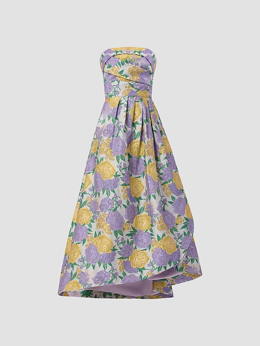 Shoshanna Women's Carlisle Pleated Floral Jacquard Strapless Maxi Dress - Lavender Multi - Size 14