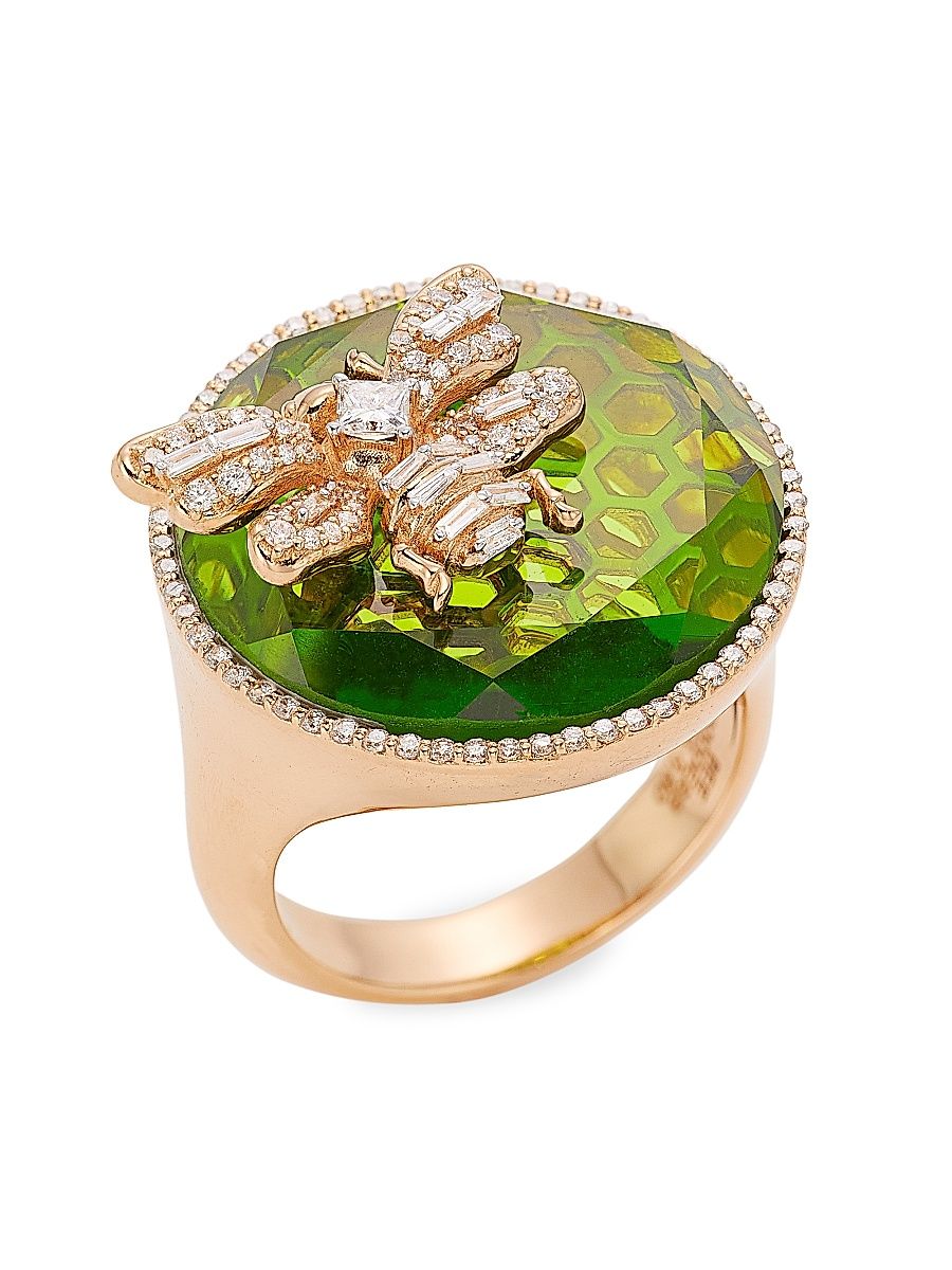 Women's Honey 14K Rose Gold, Green Topaz & 0.06 TCW Diamond Honeycomb Ring - Green