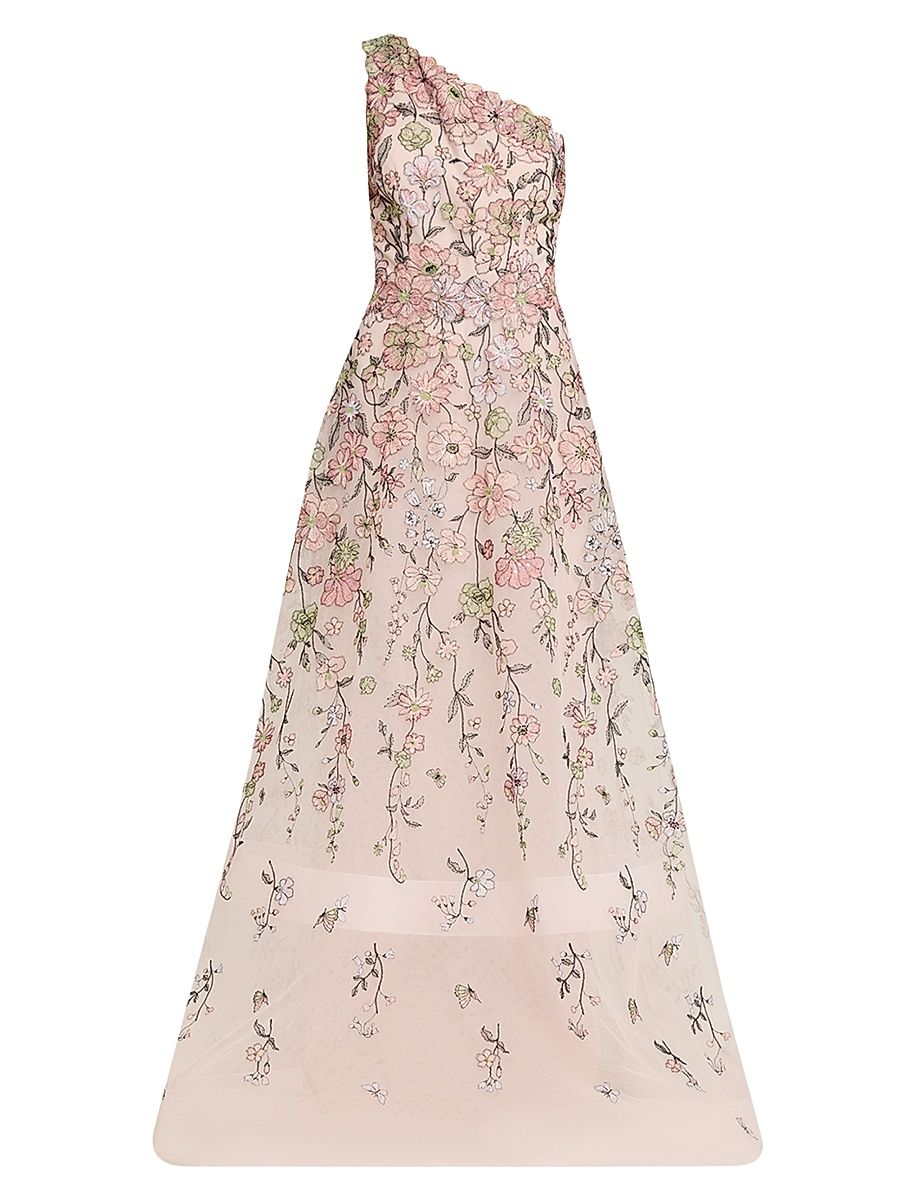Women's Floral Embroidered One-Shoulder Tulle Gown - Blush Multi - Size 18