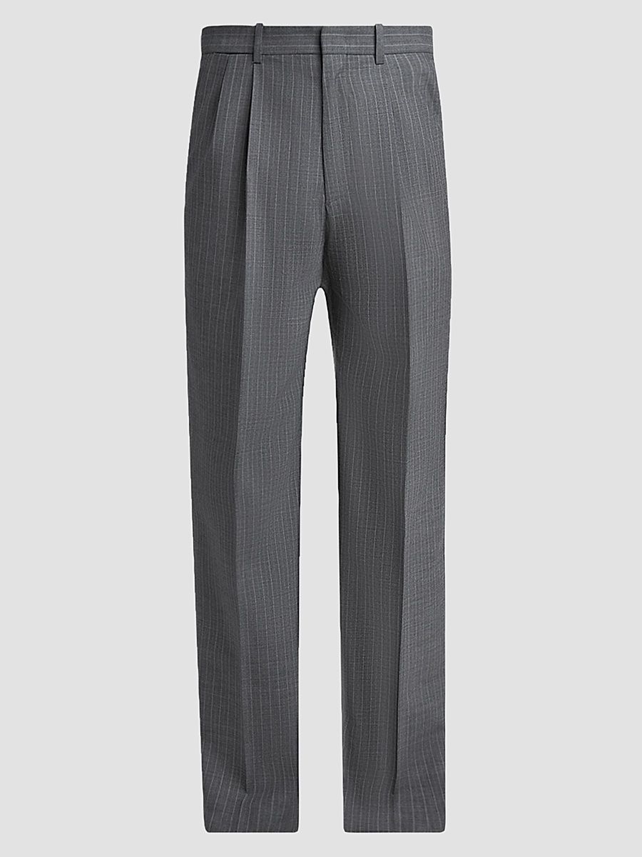 Men's Pleated Pinstripe Check Wool Trousers - Koala - Size 38