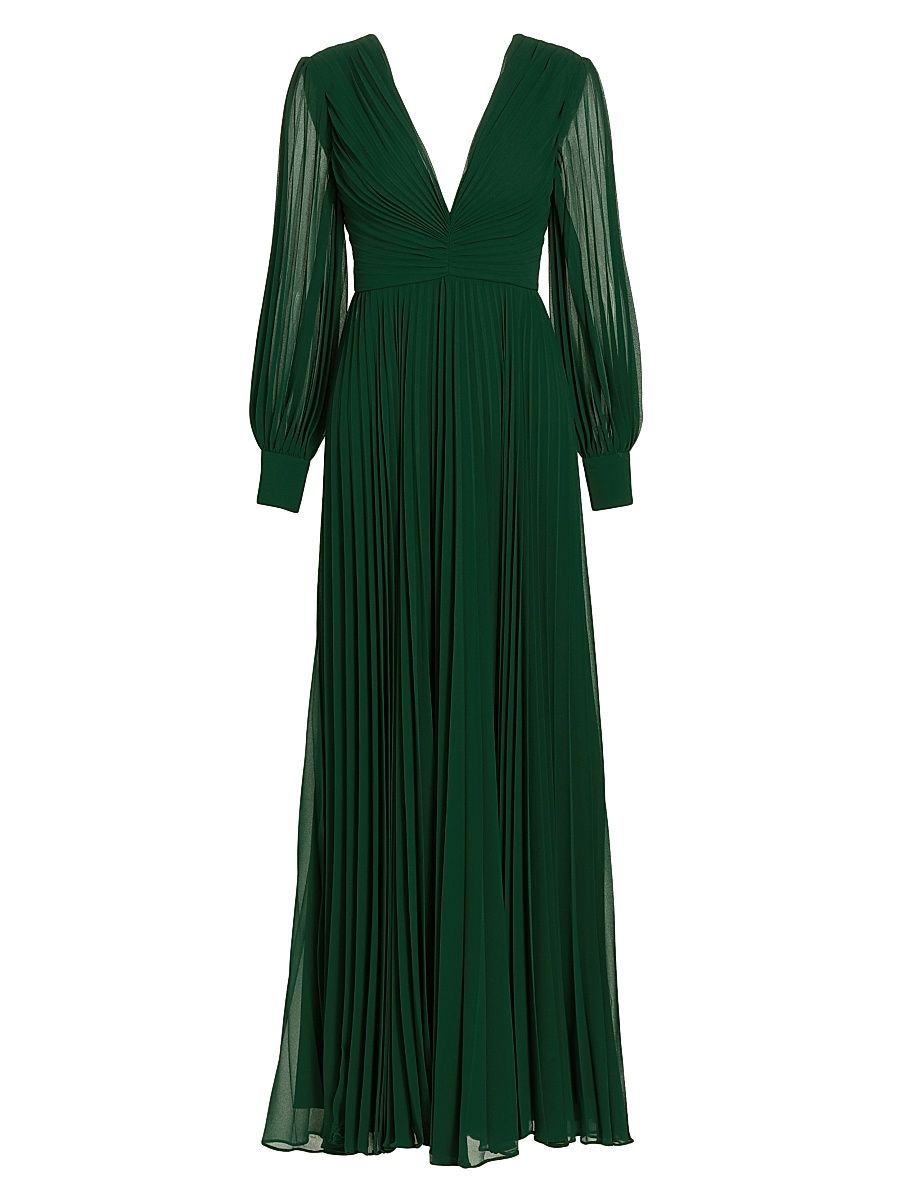 Women's Pleated V-Neck Gown - Dark Emerald - Size 10