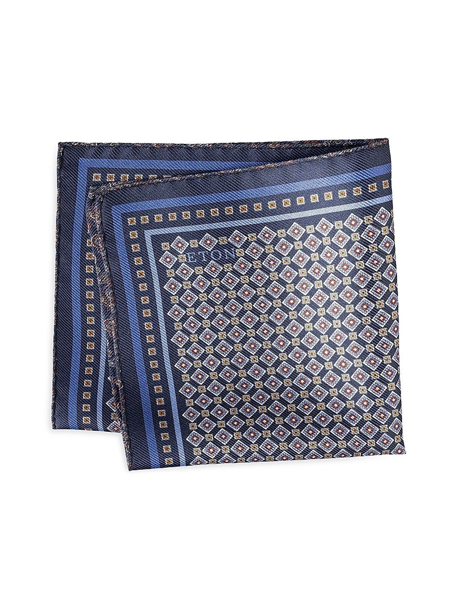 Men's Medallion Double Print Silk Pocket Square - Navy