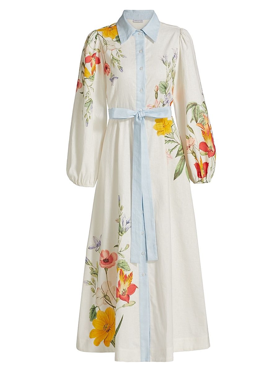 Women's Antiquity Lucille Floral Linen-Cotton Tie-Waist Shirtdress - Whisper Fleur - Size 8