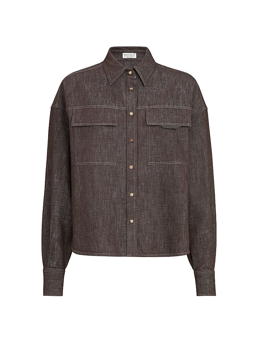 Women's Sparkling No Fade Denim Shirt with Shiny Flap Detail - Cocoa - Size XXXL