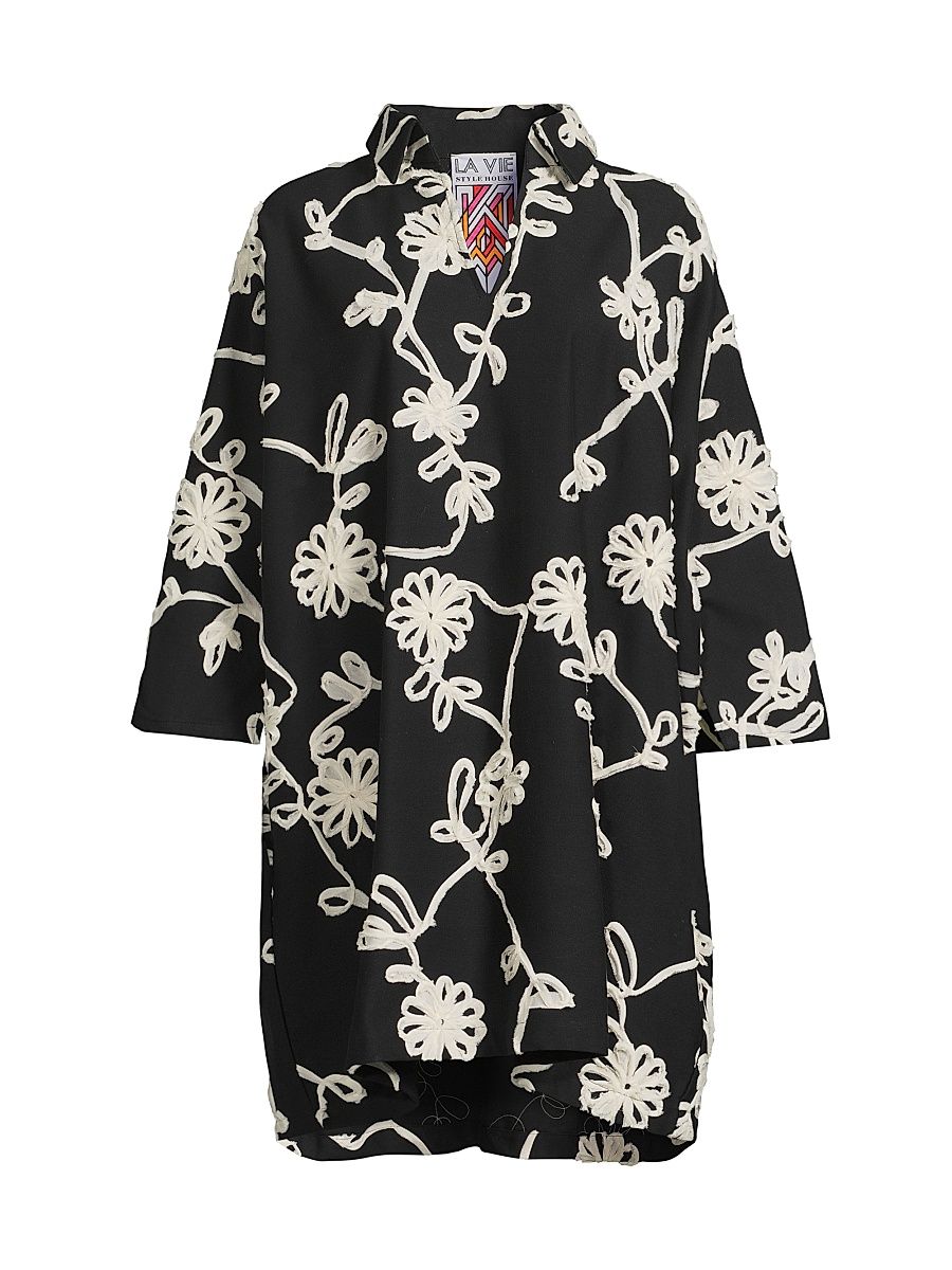 Women's Floral Ribbon Cotton Oversized Shirtdress - Black White