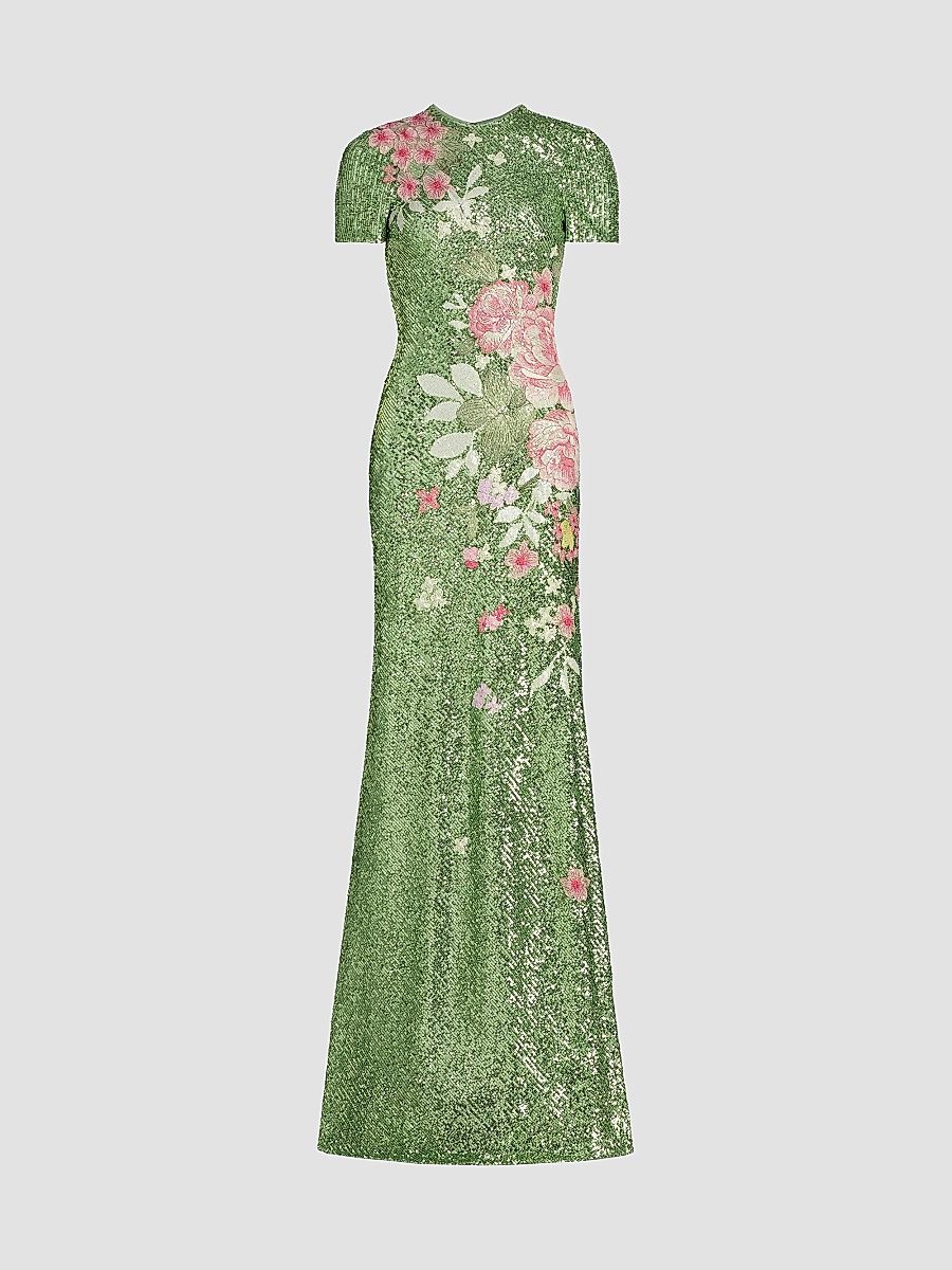 Naeem Khan Women's Sequin Floral Appliqué Gown - Green And Multi - Size 2