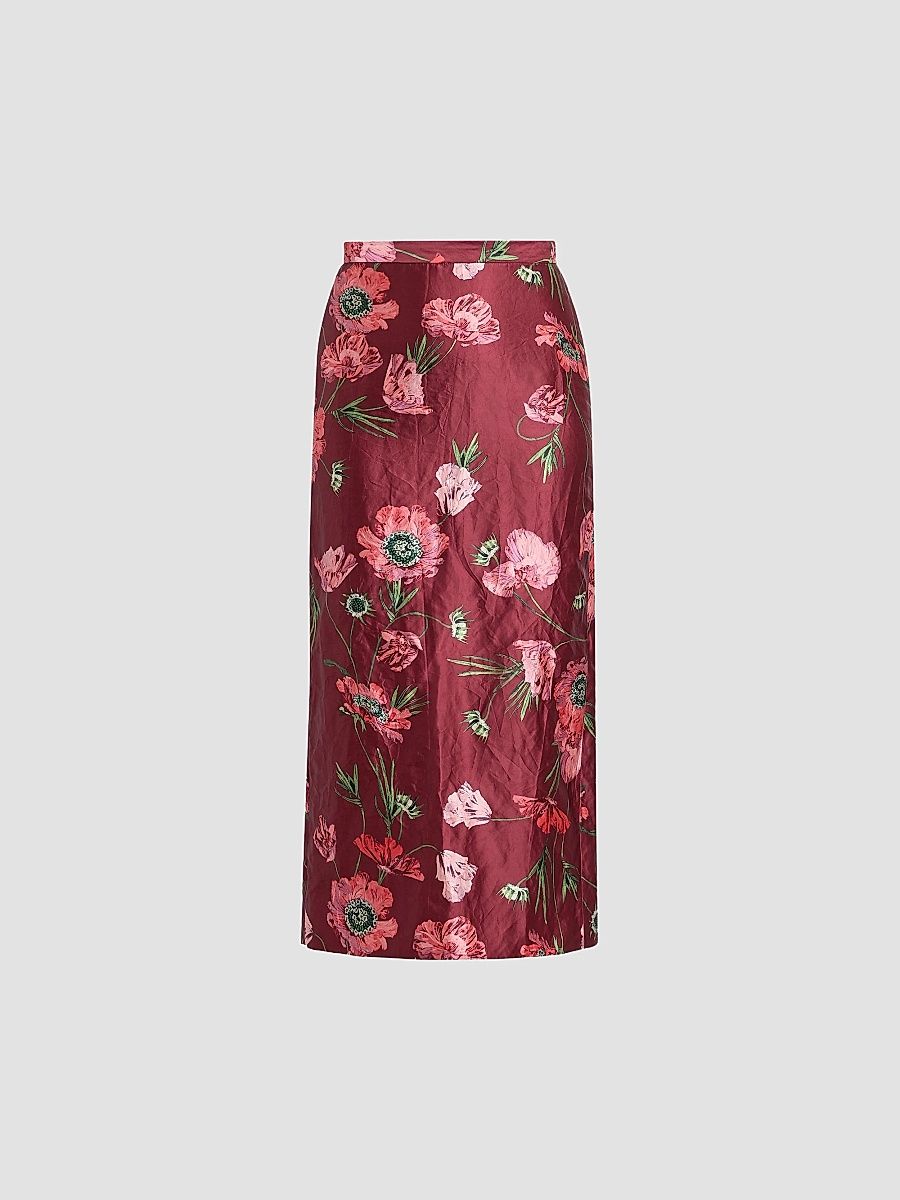 Women's Floral Satin Midi Skirt - Ruby Red - Size 6
