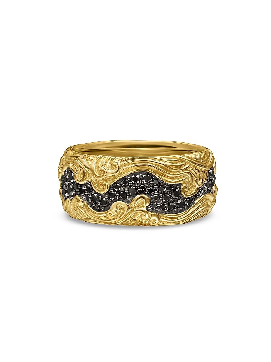 Men's Waves Band Ring in 18K Yellow Gold - Black Diamond - Size 14
