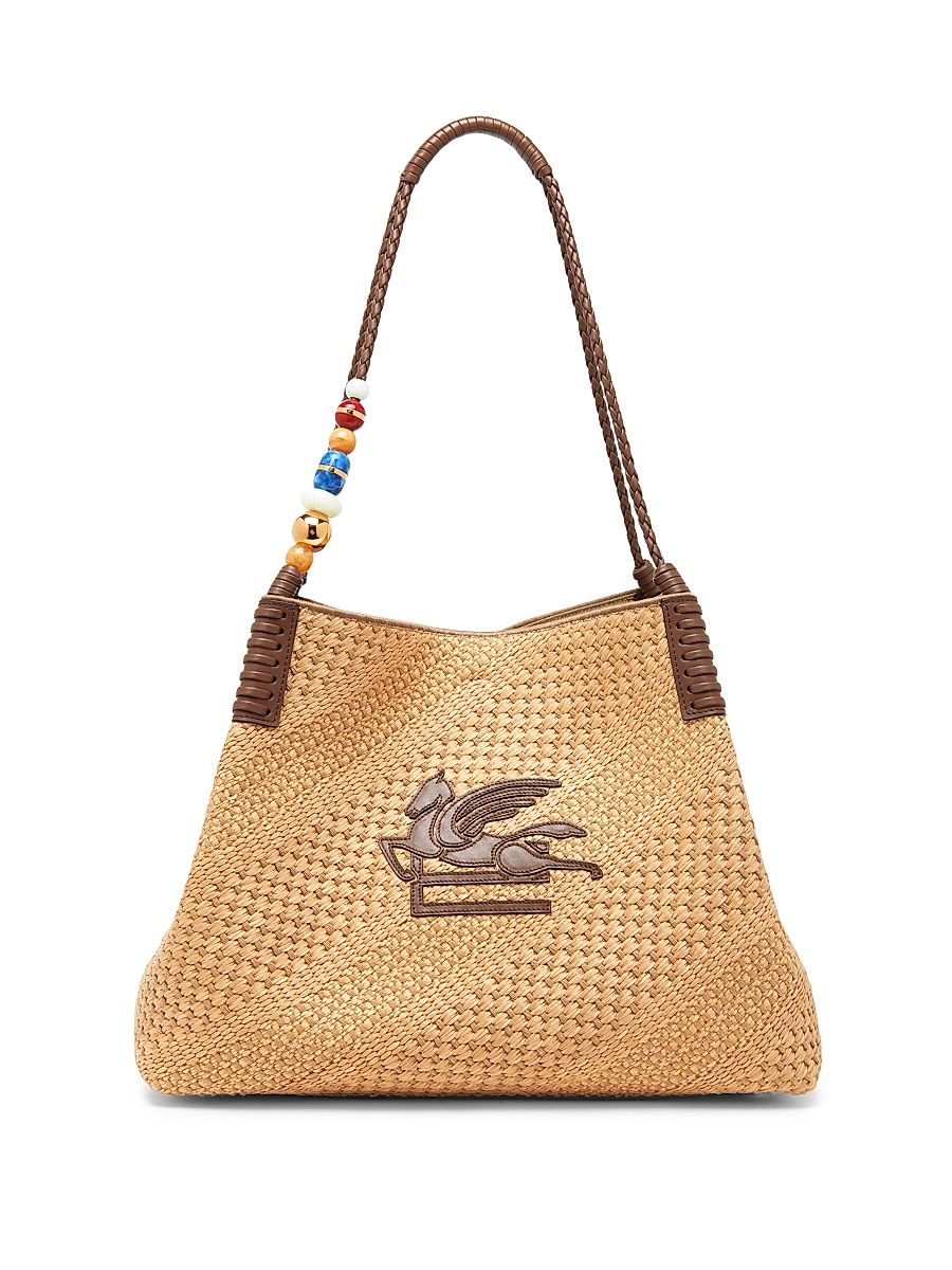 Women's Large Libra Appliquéd Raffia Tote Bag - Cammello