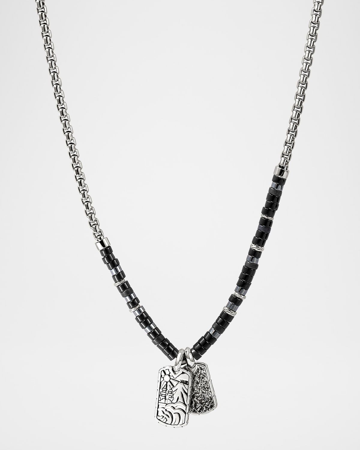 Men & apos;s Sterling Silver Black Onyx and Hematite Heishi Beaded Tag Necklace