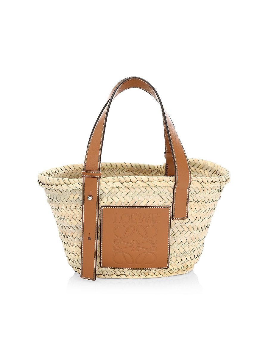 Women's Small Leather-Trimmed Woven Basket Bag - Natural Tan