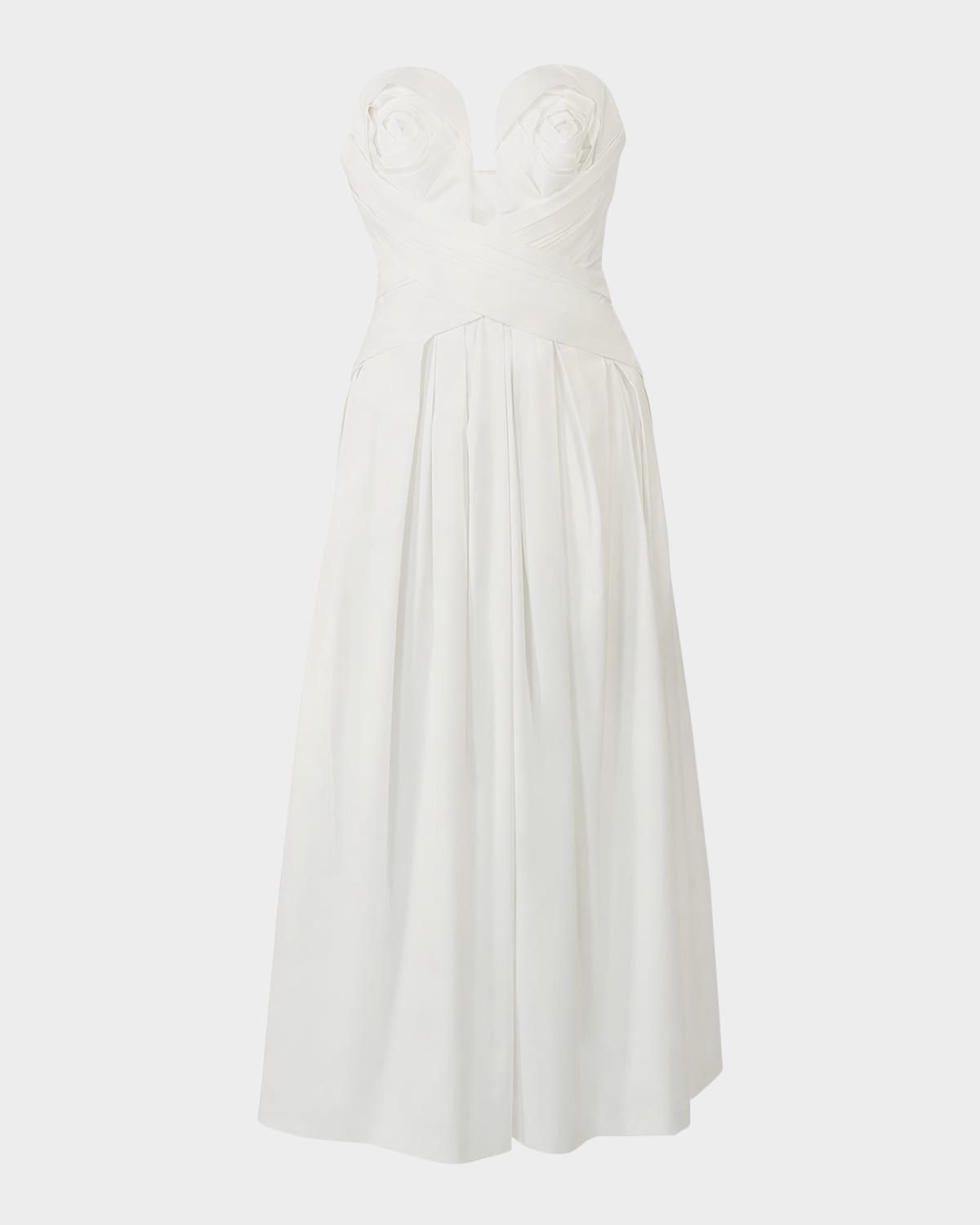Plunging Strapless Rosette Draped Tea-Length Dress