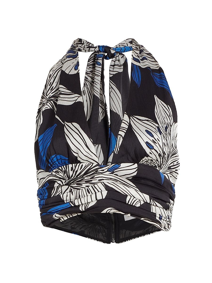 Women's Milan Floral Halterneck Crop Top - Black Lily Print - Size 12