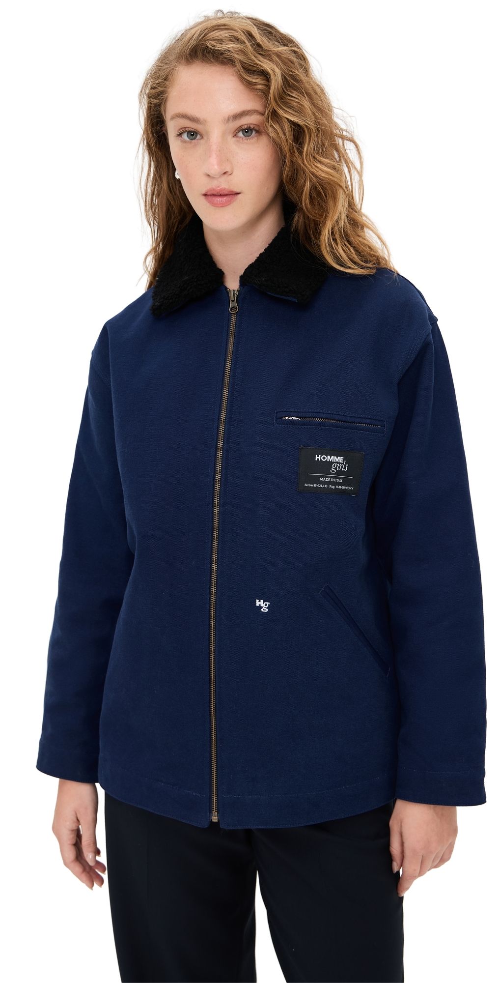 HOMMEGIRLS Shearling Collar Workwear Jacket Dark Navy S