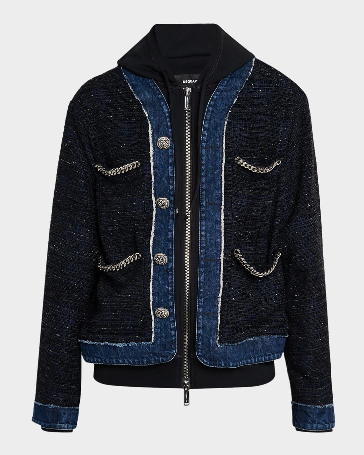 Men & apos;s Denim Boucle Chain-Trim Hoodie Jacket
