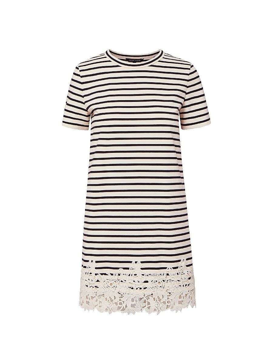 Women's Rhue Striped Cotton Lace-Hem T-Shirt Dress - Dove Navy Stripe - Size XL