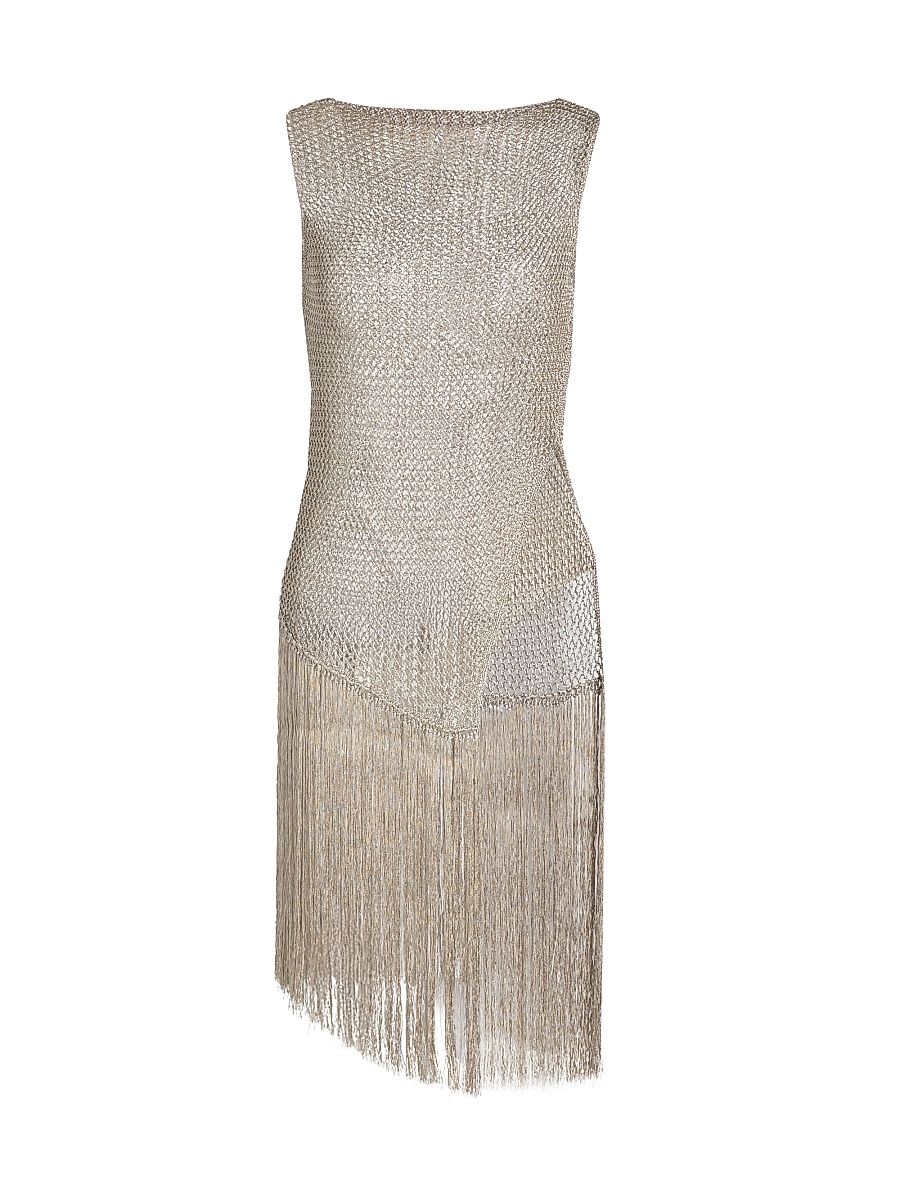 Women's Metallic Netting Asymmetrical Fringe Top - Silver - Size Large