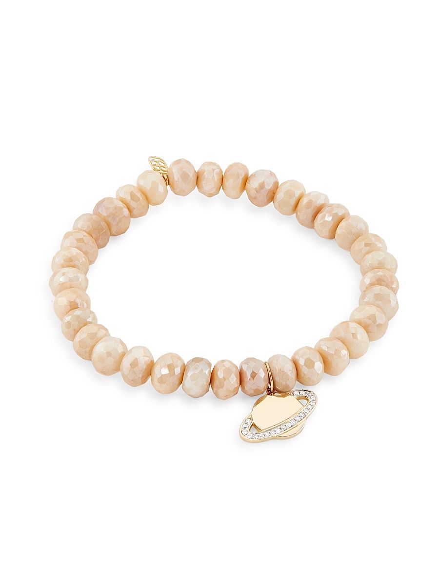 Women's 14K Yellow Gold, Sand Moonstone & 0.11 TCW Diamond Beaded Stretch Bracelet - Beige
