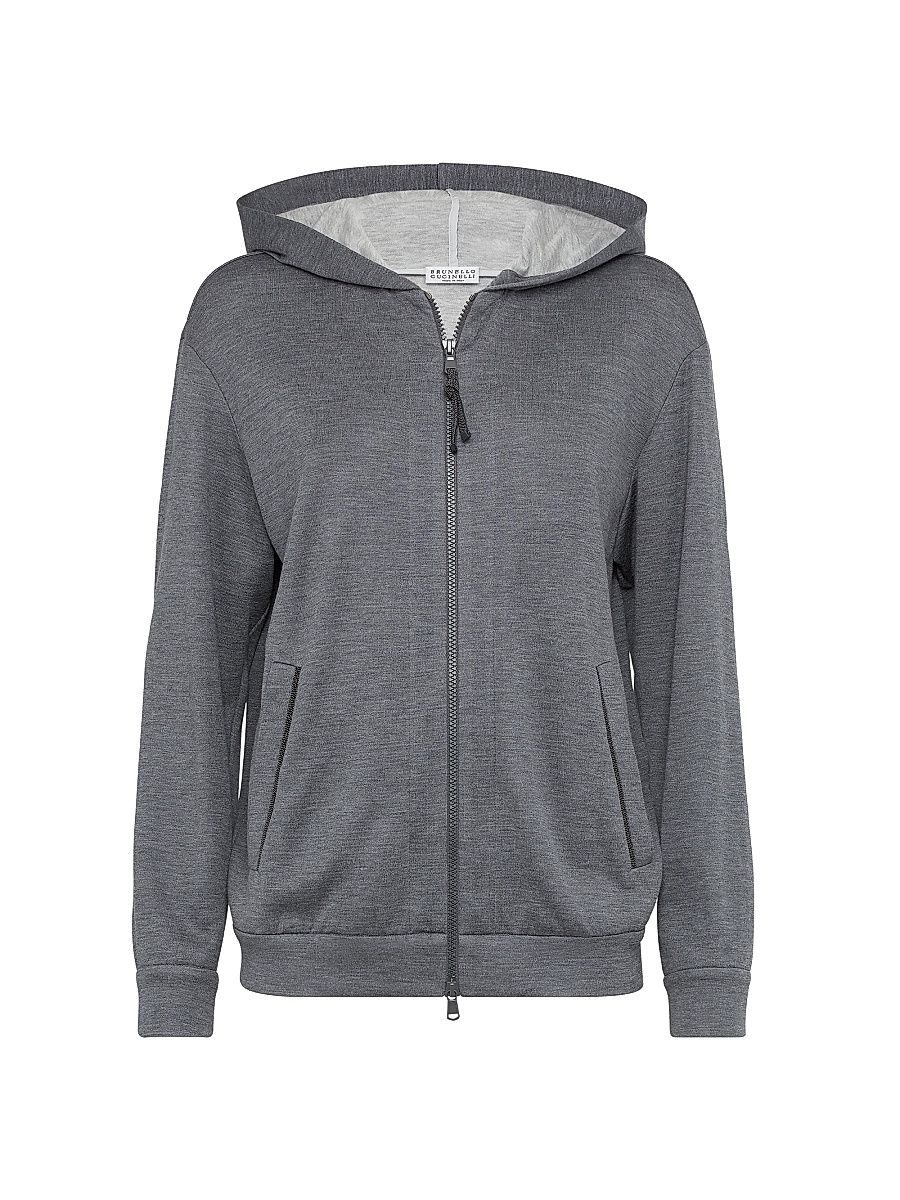 Women's Cotton and Silk Interlock Hooded Sweatshirt - Dark Grey - Size Large