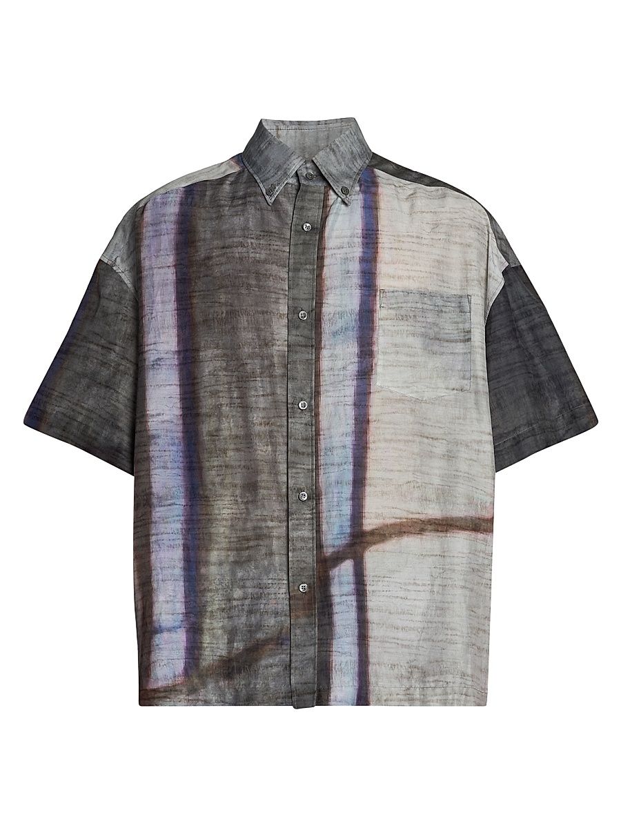 Men's Abstract-Print Cotton-Silk Shirt - Solid Medieval - Size XL