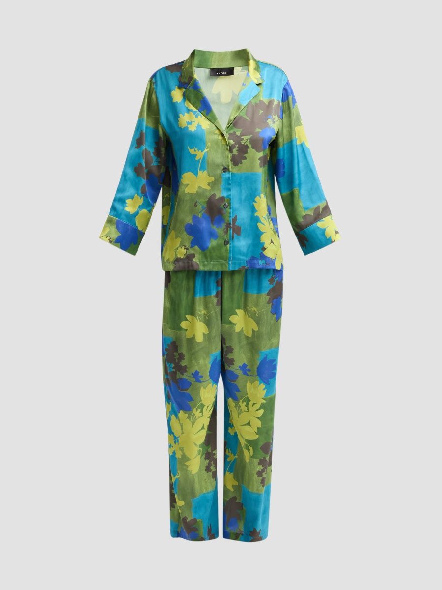 Natori Women's Printed Stretch Satin Pajama Set - Coromandel Vivid Teal - Size XS