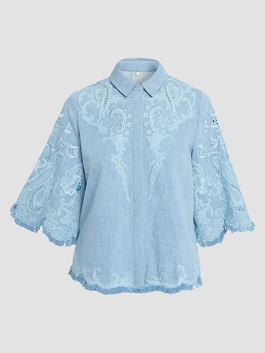 Women's Hadley Washed Denim Fringe Blouse - Medium Indigo - Size XL