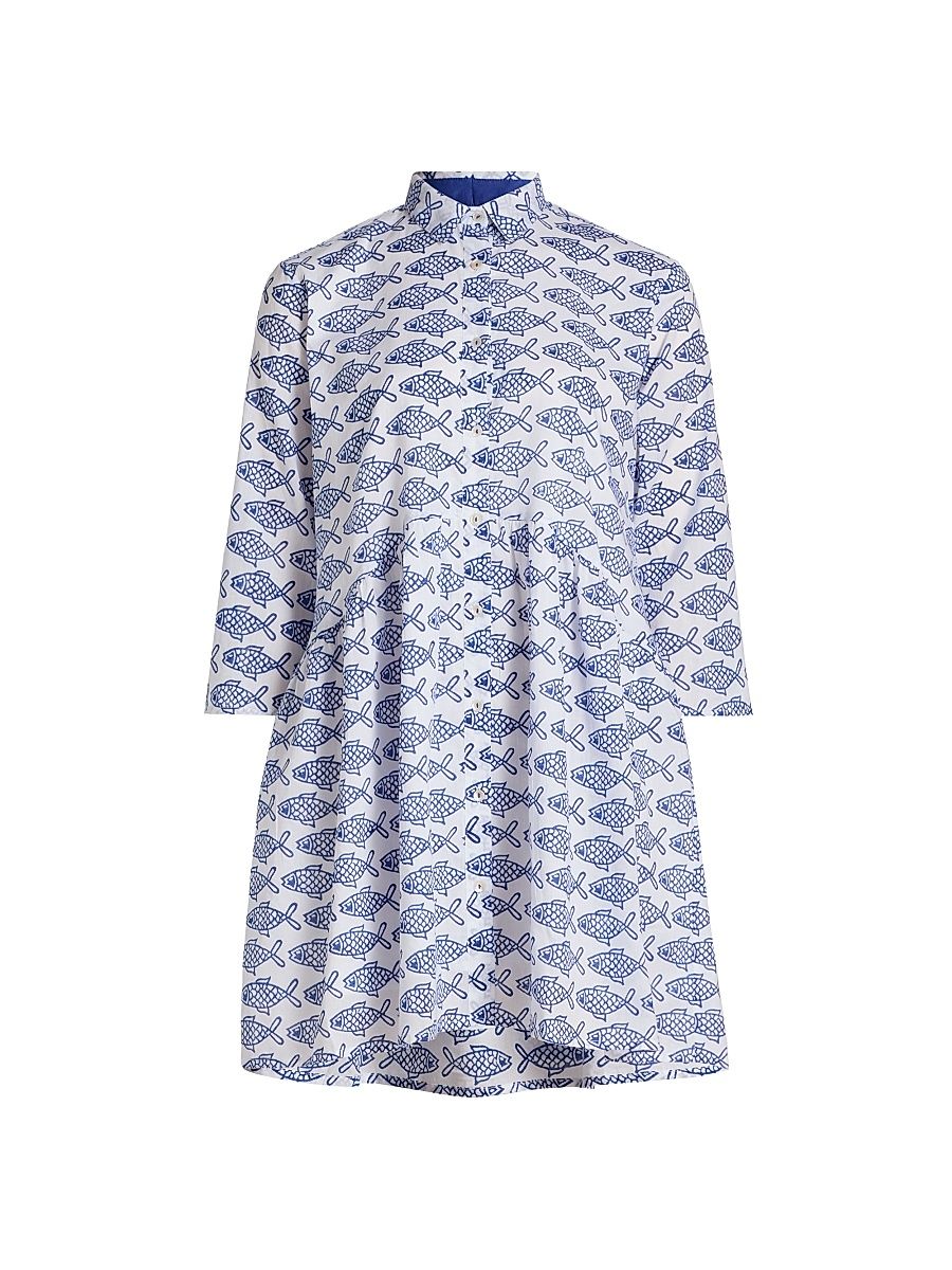 Women's Deauville Cotton Fish Print Minidress - Blue - Size XL