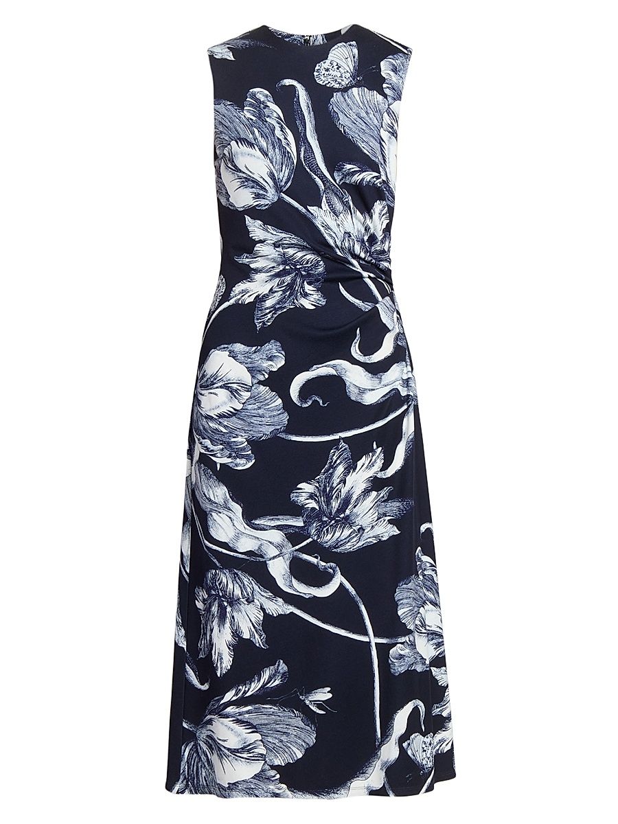 Women's Printed Gathered Sleeveless Midi-Dress - Botanical Engraving Midnight - Size 10