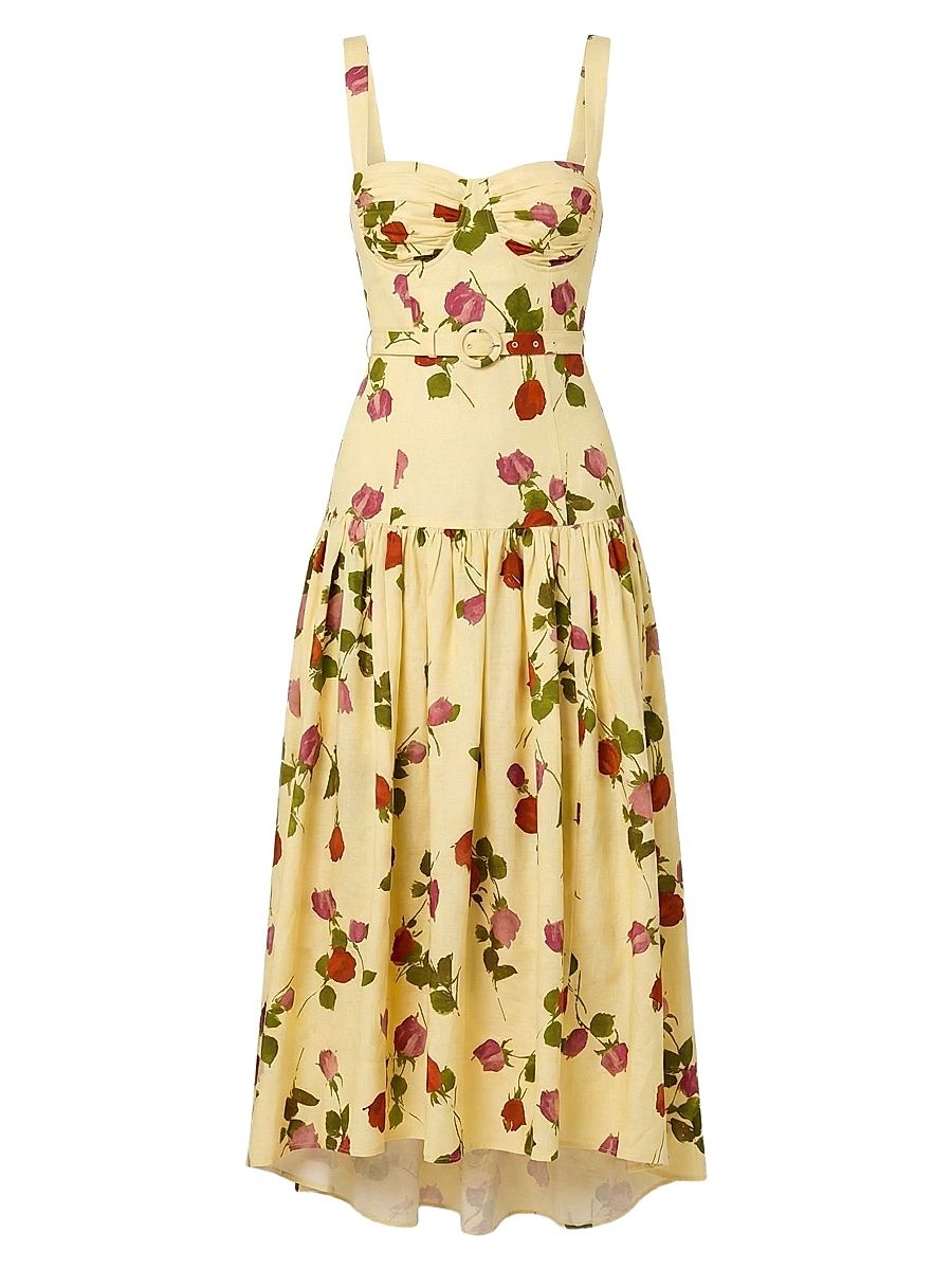 Women's Drenica Floral Drop-Waist Linen-Blend Midi-Dress - Fallen Roses - Size 12