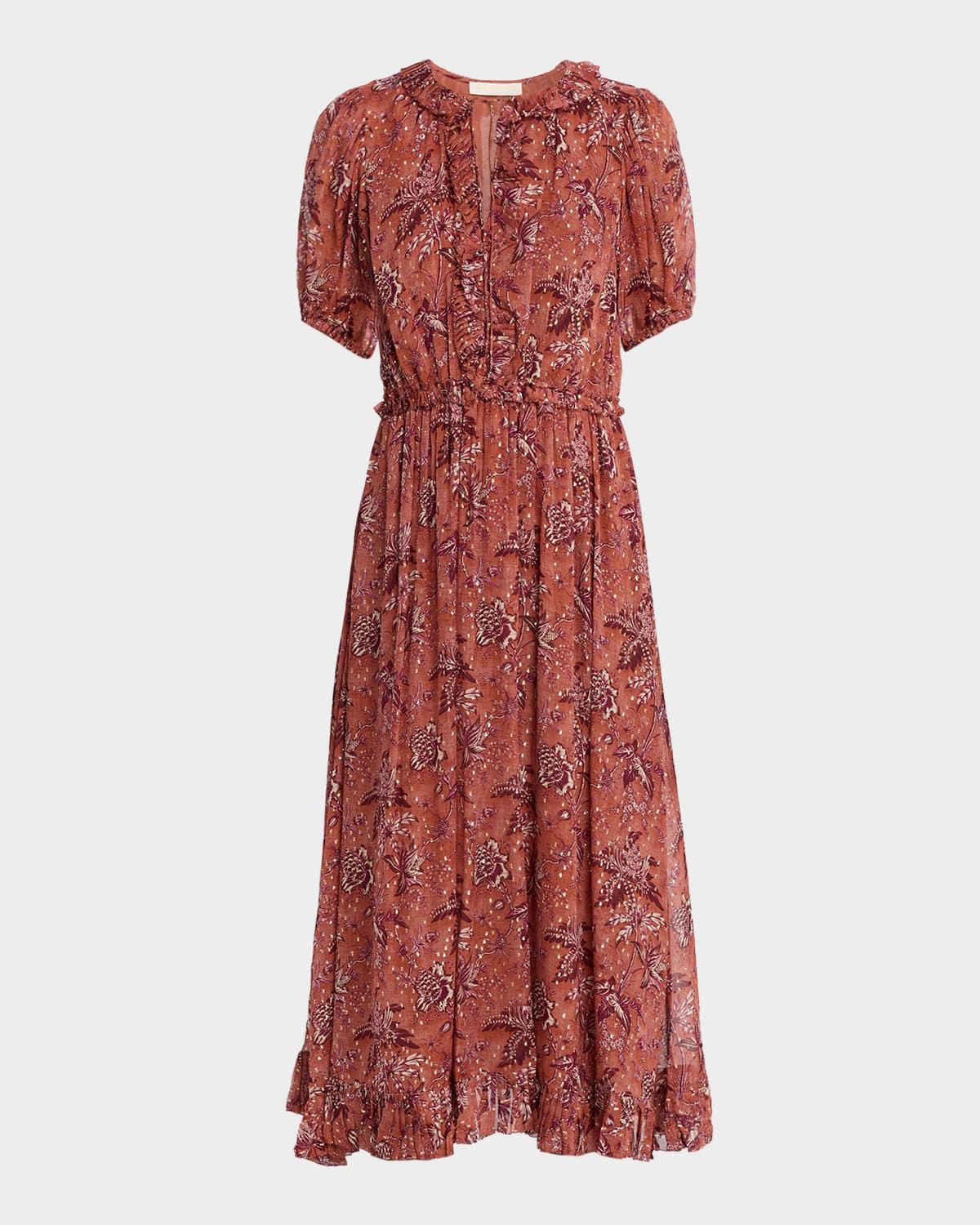 Rosamunde Puff-Sleeve Ruffle Chiffon Midi Dress