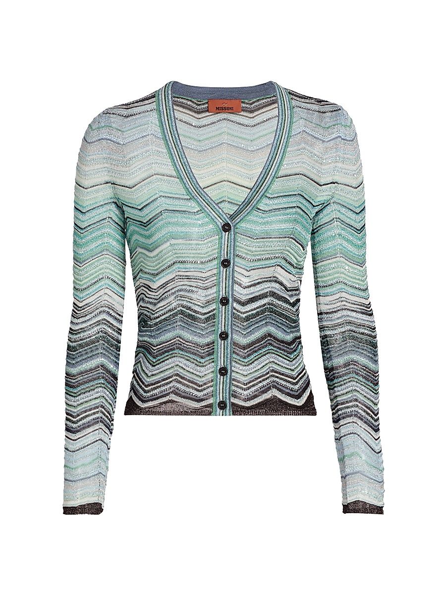Women's Chevron Metallic Knit Cardigan - Turquoise Tones - Size 2